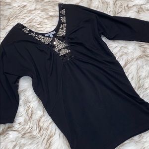 Black Top with Beaded Sequin Neckline Details Size Small